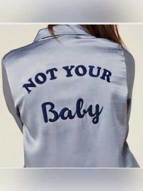Reformation Not Your Baby satin silvery blue button up jacket size large